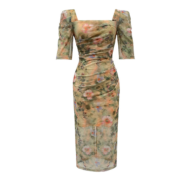 Vintage floral square neck shirred slim dresses