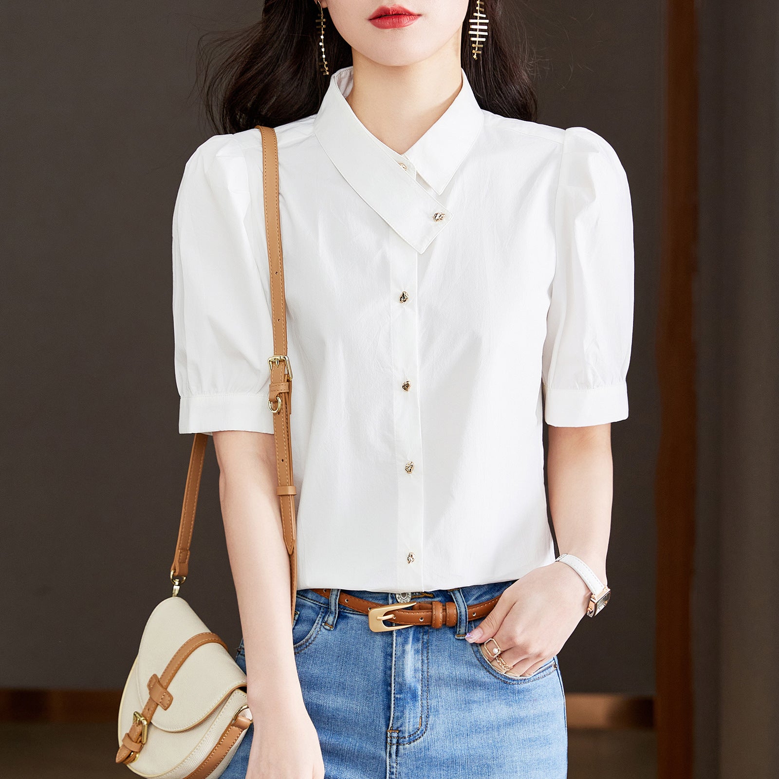 Chic solid lapel short sleeve blouses
