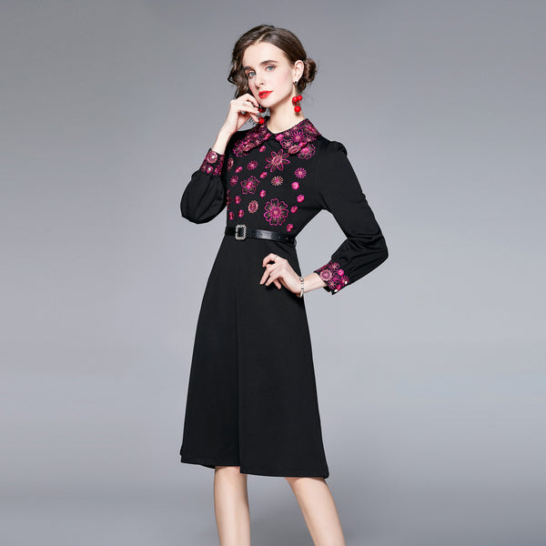 Embroidery lapel long sleeve skater dresses