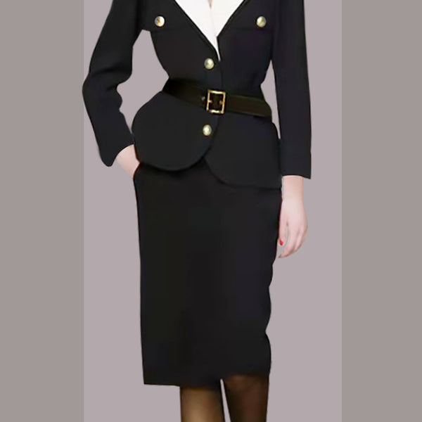 Elegant notched long sleeve belted blazers and bodycon skirts suits