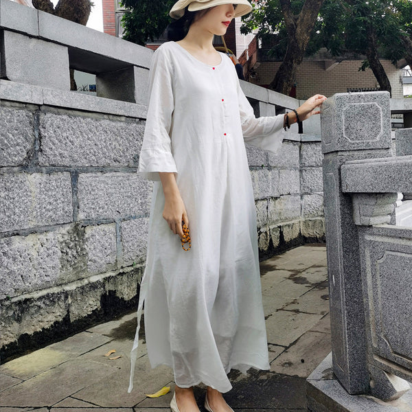 Casual crew neck long sleeve belted linen dresses