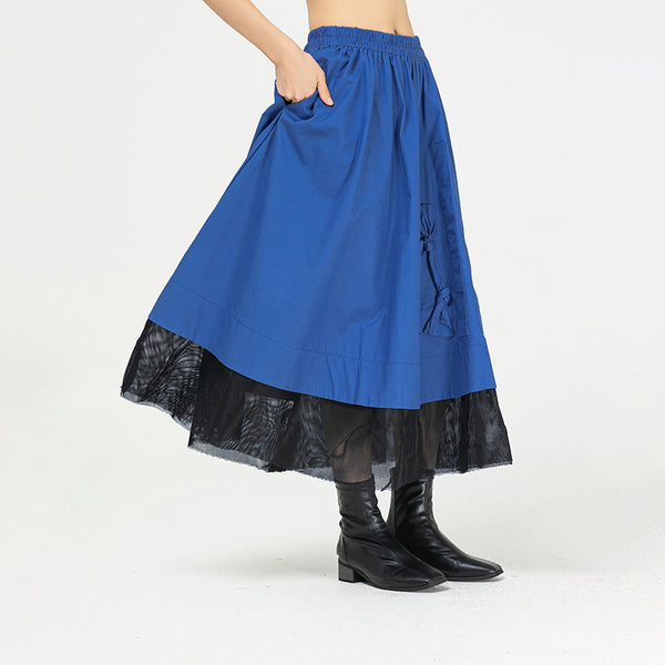 Mesh patch bowknot elastic waist skirts