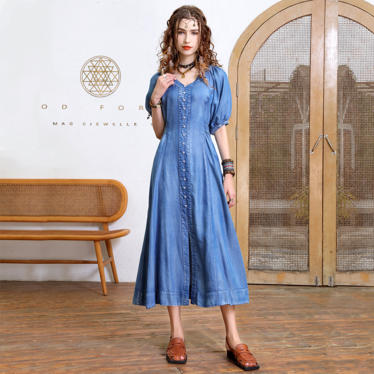 Vintage denim v-neck short sleeve a-line dresses