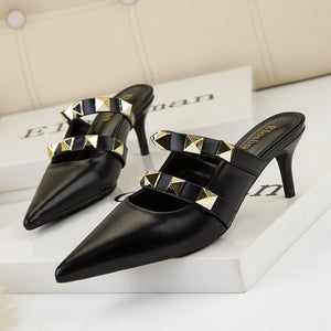Rivet hollow pointed toe mule  heeled shoes