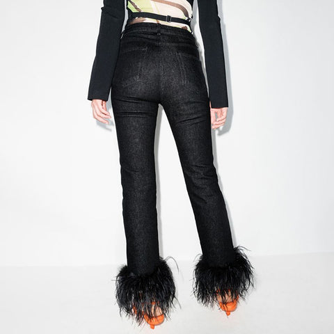 Chic feather patch high waist staright pants