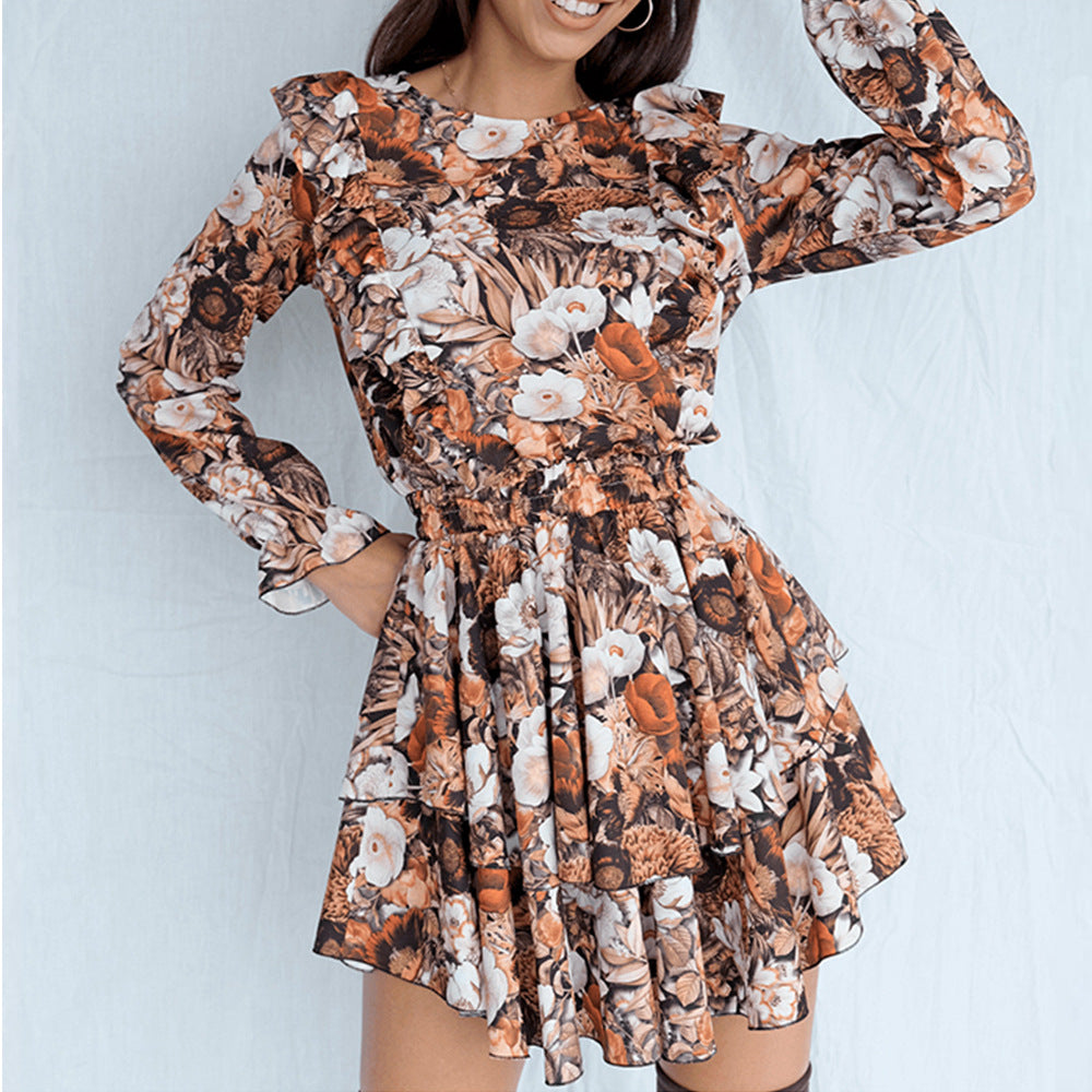 Flower print long sleeve cinched waist skater dresses