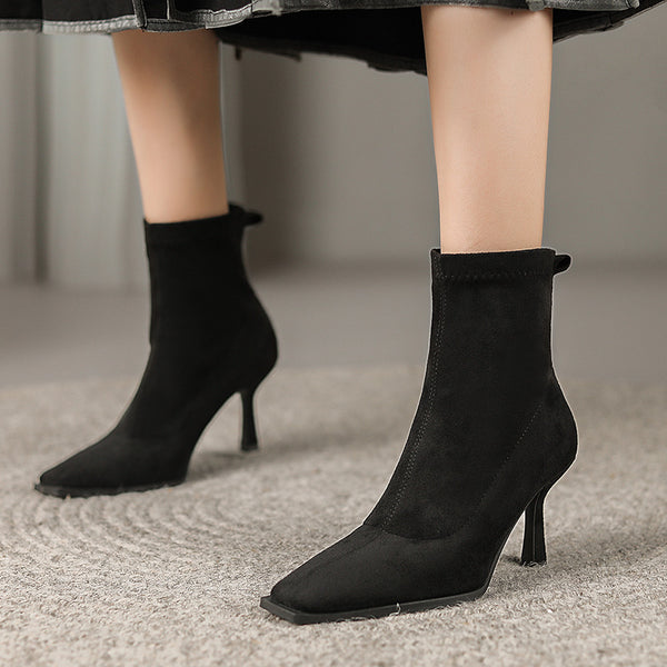 Solid suede thin heels square toe ankle boots