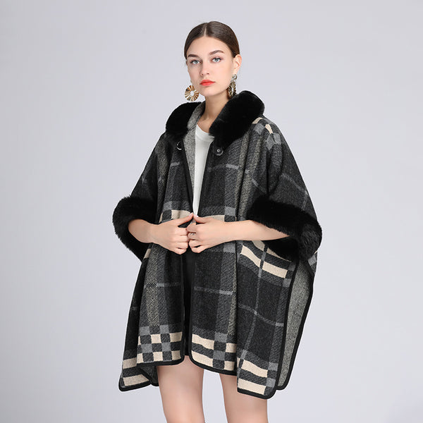 Vintage plaid fur collar woolen ponchos coats