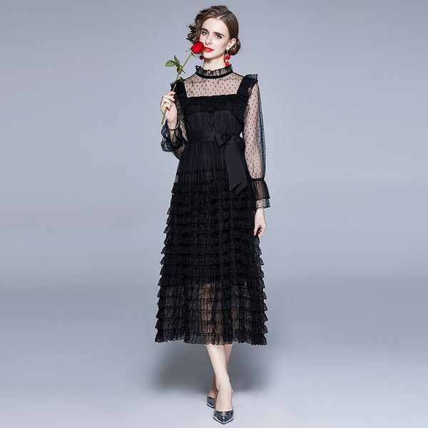 Black ruffle mock neck mesh dresses