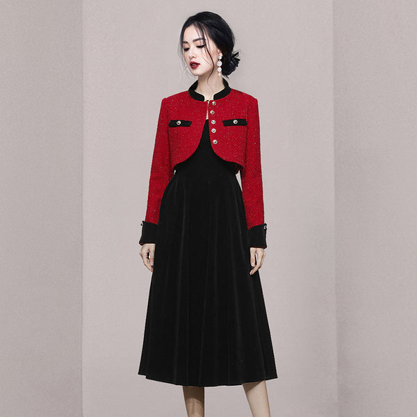 Elegant patch long sleeve short tweed coats and strap a-line dresses suits