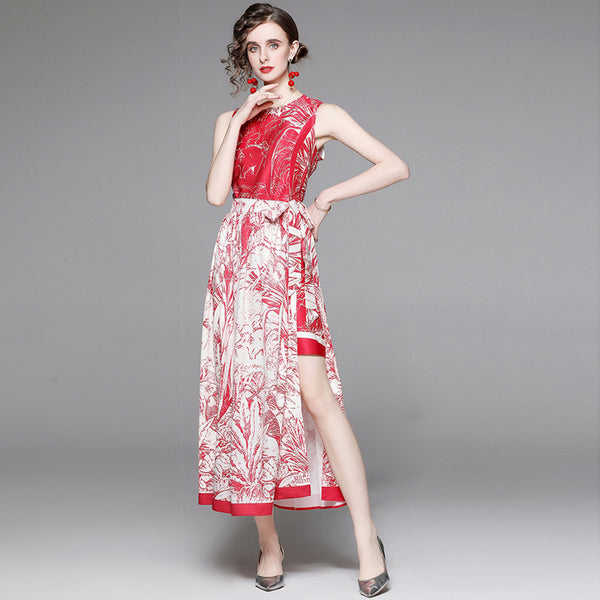 Sexy printed sleeveless o-neck dresses and belted split skirts suits