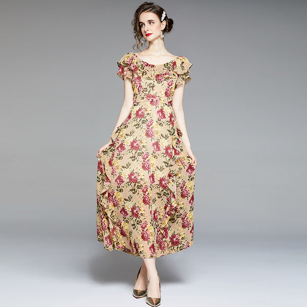 Sweet print off-the-shoulder chiffon maxi dresses