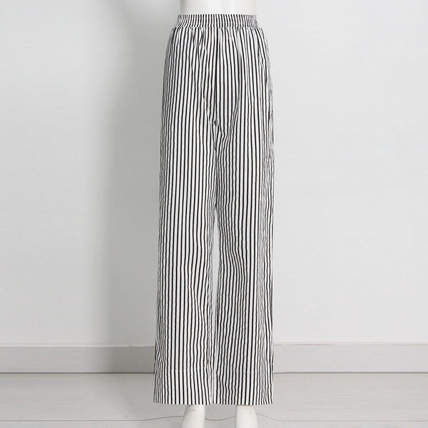 Chic stripe sloping shoulder long sleeve blouses and high waist straight pants suits