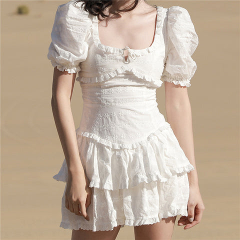 Summer Linen Short Sleeve Ruffled Floral Print Swing Dress