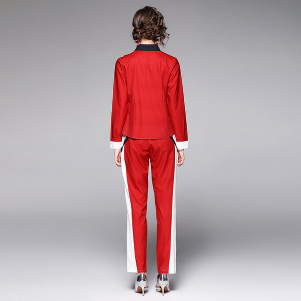 Color hit lapel long sleeve tops and skinny pants suits