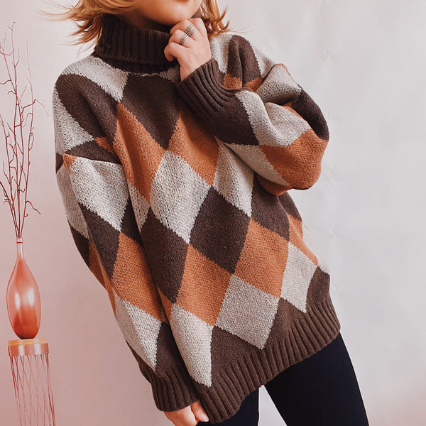 Vintage geometric high neck long sleeve sweaters