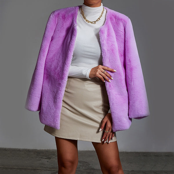 Elegant solid long sleeve fur coats