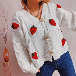 Casual strawberry v-neck button cardigans