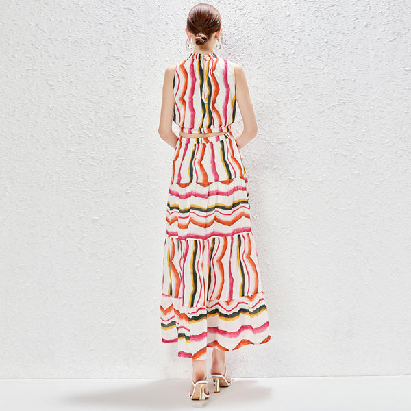 Chic stripe elastic waist sleeveless maxi dresses