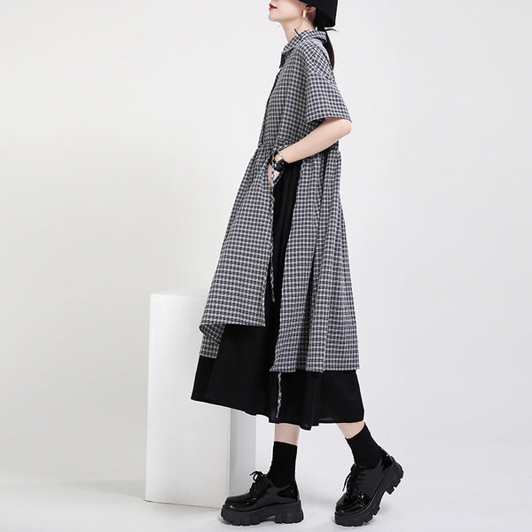 Turn-down collar plaid big hem midi dresses