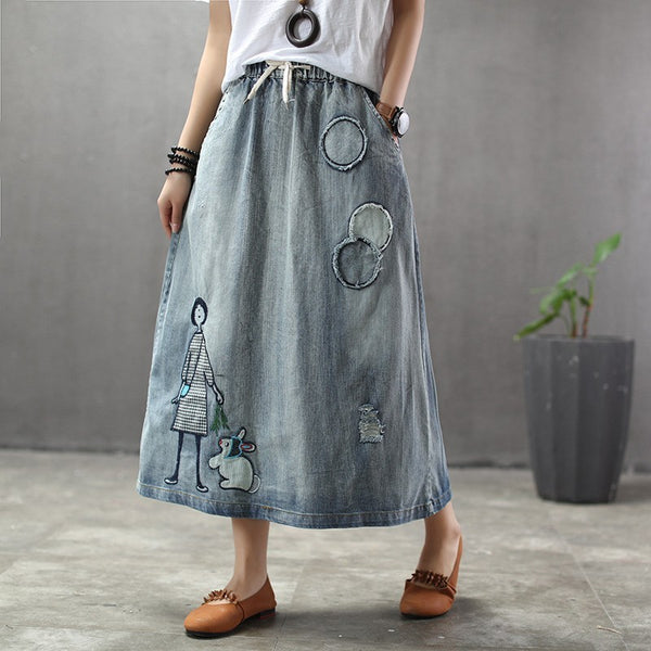Soft embroidered denim midi skirts for women