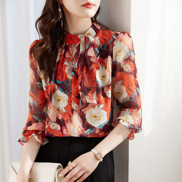 Bowtie neck long sleeve floral blouse