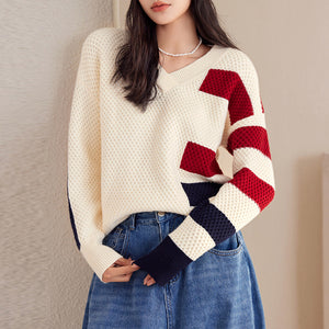 Brief stripe v-neck long sleeve sweaters