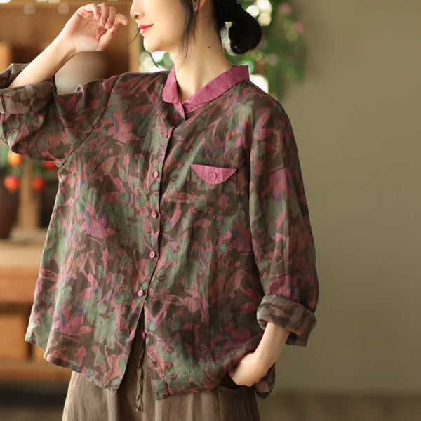 Vintage color contrast boxy linen-blend blouses for women