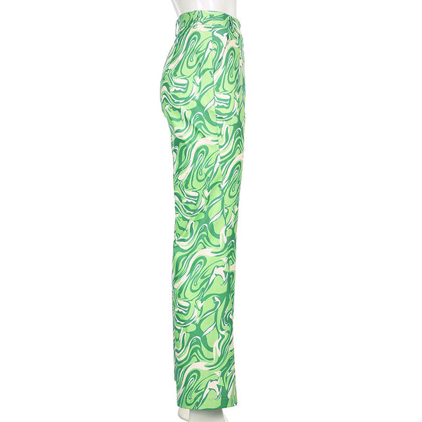 Fashion green print split bell bottom pants