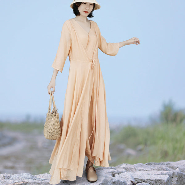 Casual linen solid v-neck long sleeve maxi dresses