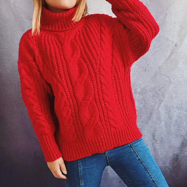 Solid cable knit high neck loose sweaters