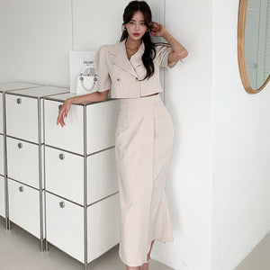 Solid lapel short sleeve blazers and high waist solid mermaid skirts suits