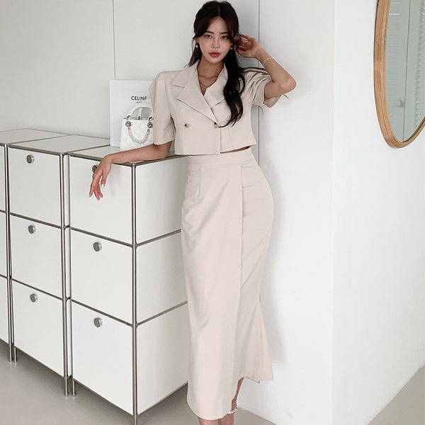 Solid lapel short sleeve blazers and high waist solid mermaid skirts suits