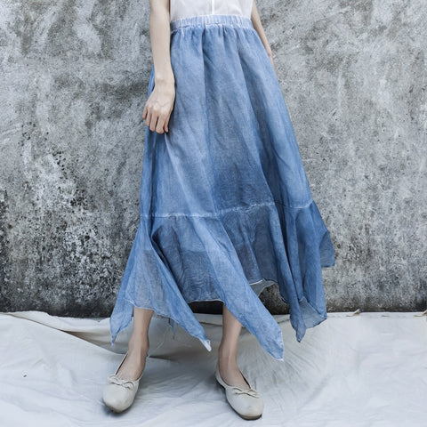 Irregular linen elastic waist a-line skirts