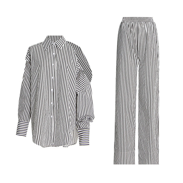 Chic stripe sloping shoulder long sleeve blouses and high waist straight pants suits
