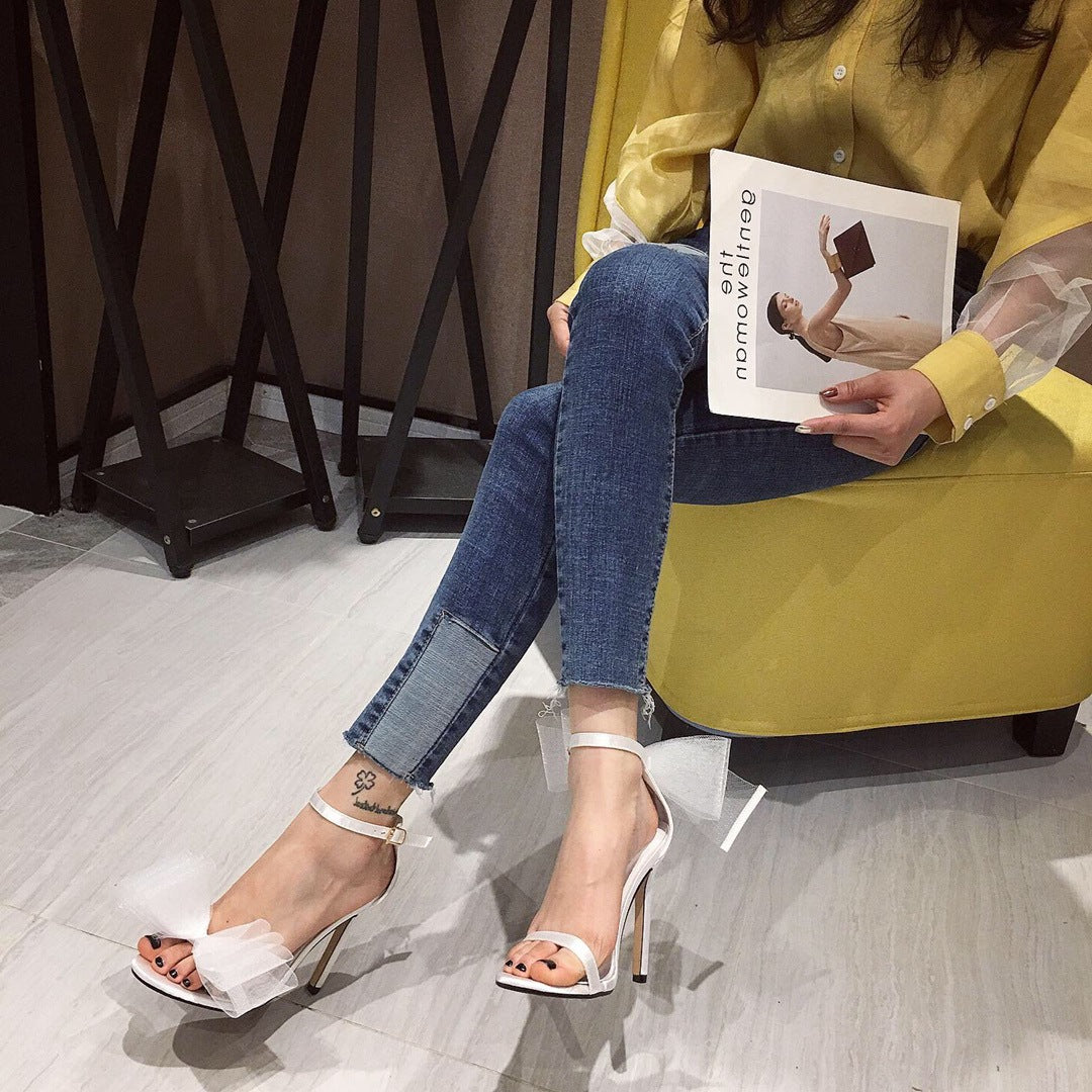 Mesh bowknot ankle strap open toe high heel sandals