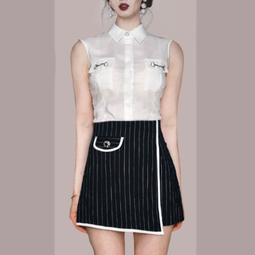Turn-down collar sleeveless blouses & striped mini skirts