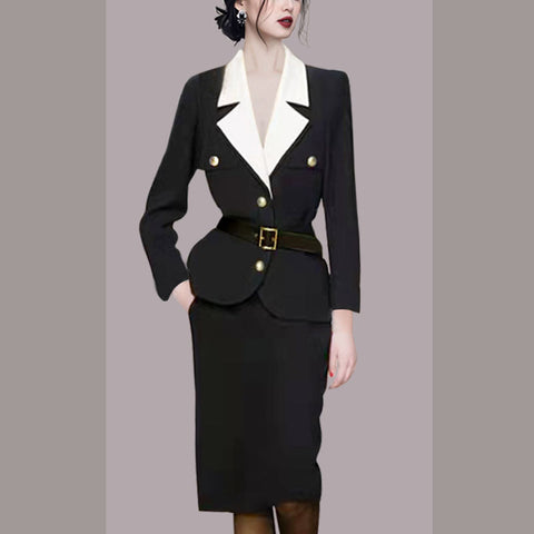 Elegant notched long sleeve belted blazers and bodycon skirts suits