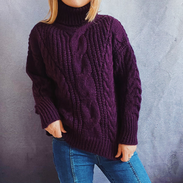 Solid cable knit high neck loose sweaters
