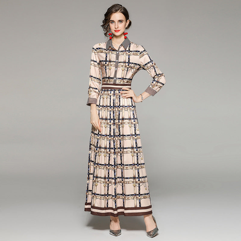 Elegant plaid lapel long sleeve pleated maxi dresses