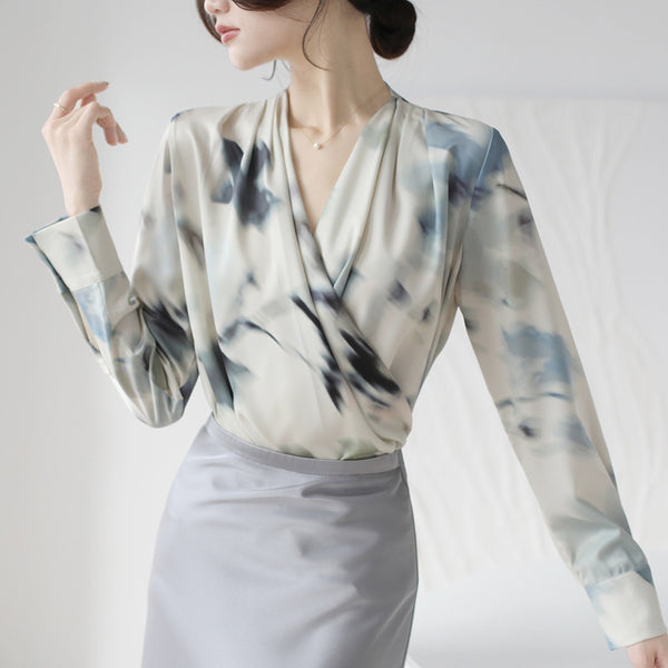 V-neck long sleeve ink painting blouse