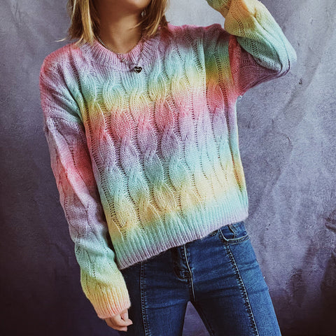 Rainbow gradient crew neck long sleeve sweaters