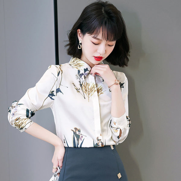 Elegant print lapel long sleeve blouses