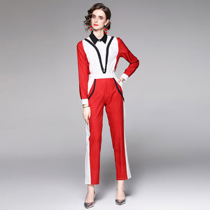 Color hit lapel long sleeve tops and skinny pants suits