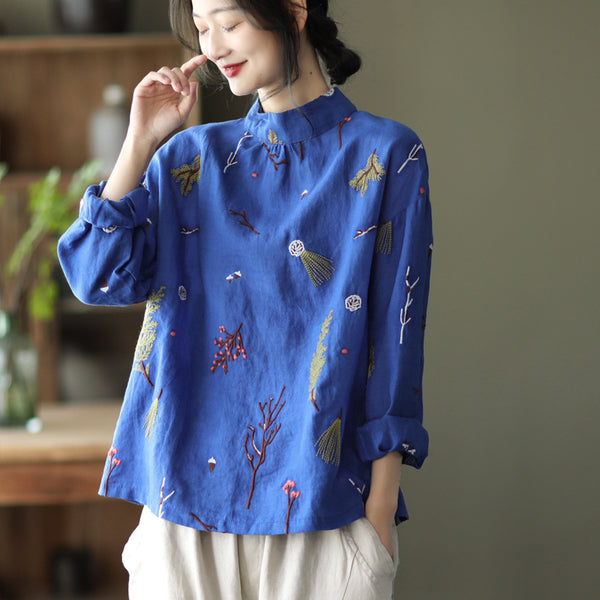 Relaxed mockneck embroidered blouses for women