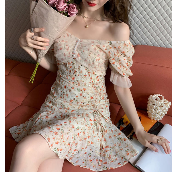 Sweet off-the-shoulder floral drawstring dresses
