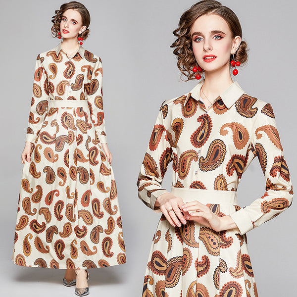 Brief print long sleeve lapel maxi dresses