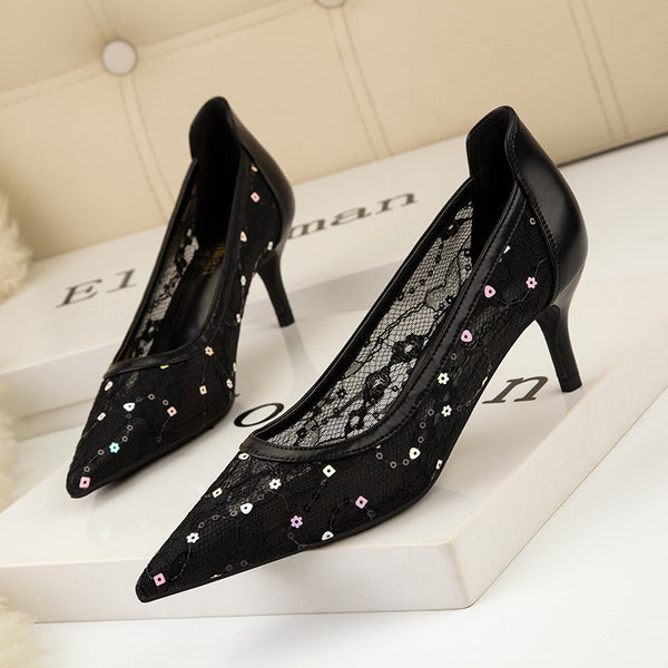 Sequin lace patch heeled pointed toe shoes
