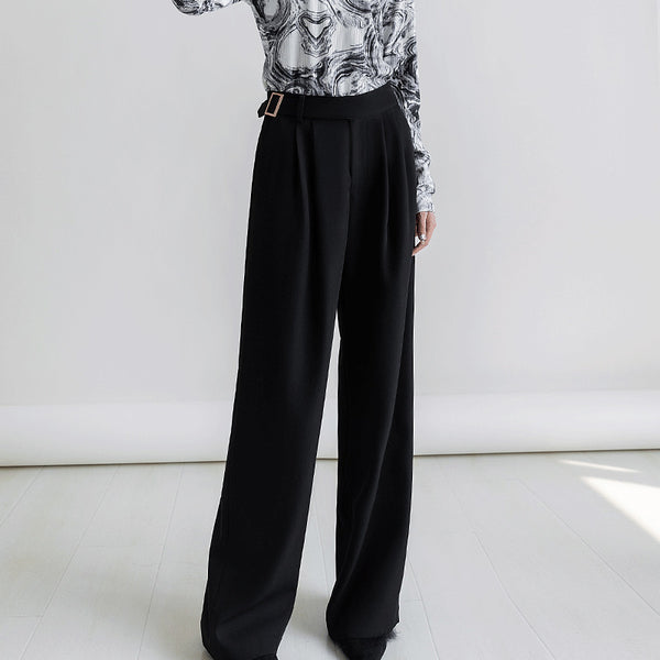 Brief solid belted wide leg pants