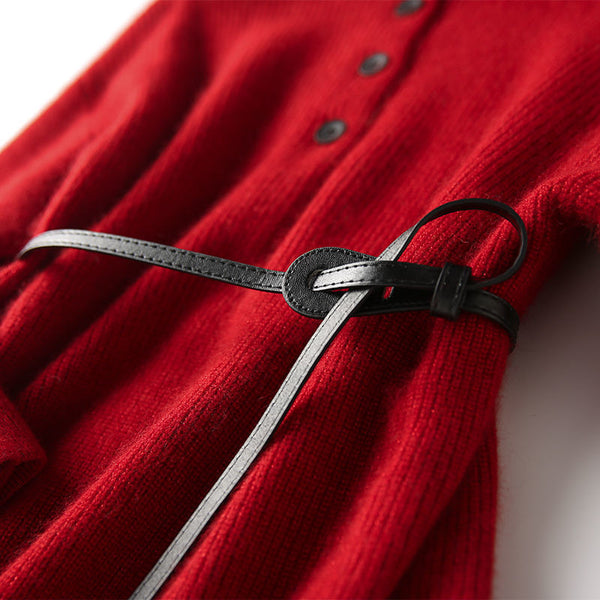 Retro red lapel long sleeve sweater dresses